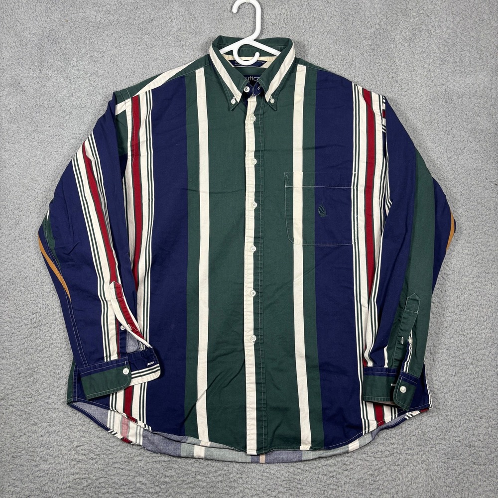 Vintage Nautica Button Down Shirt Mens XL Green Blue White Red Striped Cotton